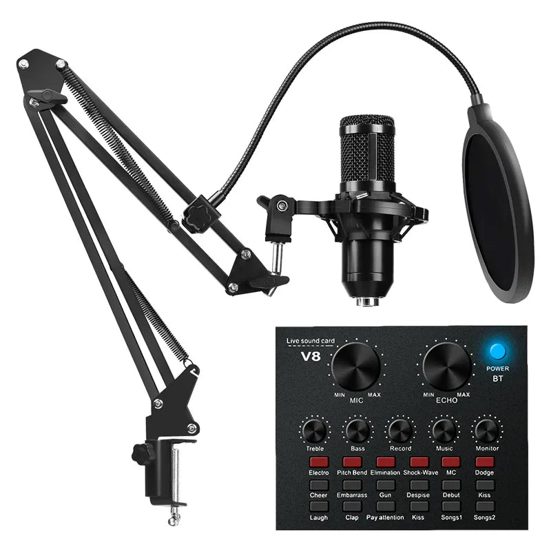 A professional streaming microphone kit featuring a black studio condenser mic mounted on a scissor arm stand with a pop filter, alongside a control panel displaying various sound effect buttons such as applause, laughter, and DJ effects