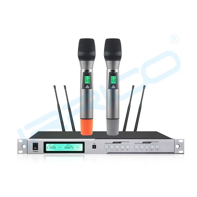 A dual-channel UHF wireless microphone system featuring two handheld mics with digital displays and four antennas, mounted on a professional rack-mountable receiver unit with an LCD screen