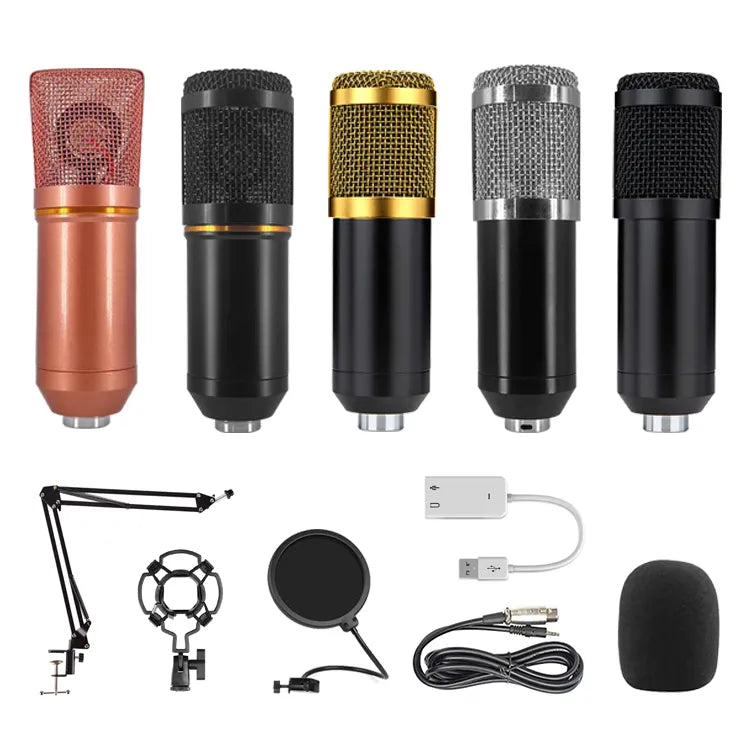 A collection of five condenser microphones in various colors and designs, displayed above essential recording accessories including a scissor arm stand, a shock mount, a pop filter, a USB adapter, and an XLR cable.