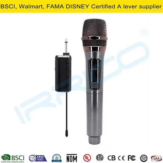 A handheld wireless microphone with a digital display and a separate black rectangular receiver with an antenna, isolated on a white background.