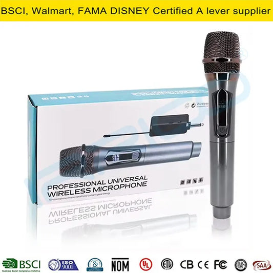 A professional universal wireless microphone system displayed next to its retail packaging box, featuring a handheld mic with a digital display and a separate black rectangular receiver.