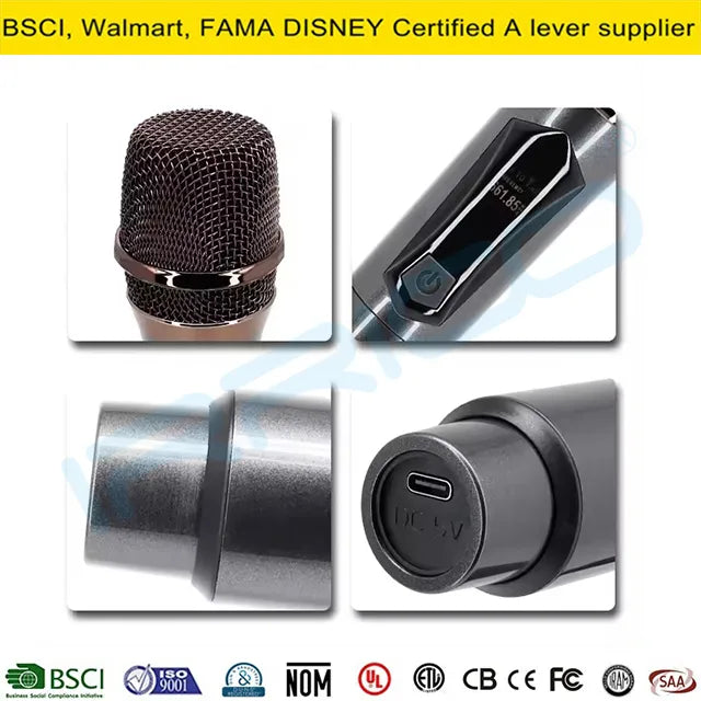 Four close-up detail shots of a wireless microphone, showcasing the top mesh grille, the LCD display and control button, the metal body joint, and the bottom USB charging port.