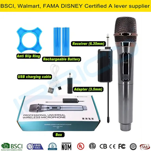 Product display diagram of a portable wireless microphone system, featuring a handheld mic, a small receiver with a 6.35mm jack, rechargeable batteries, a USB charging cable, an adapter, anti-slip rings, and the retail packaging box.