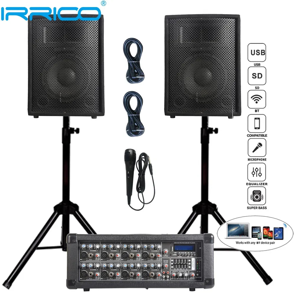 1000W 2×10" Subwoofer PA Speaker System – BT TWS Karaoke Set with 8-Channel Powered Mixer