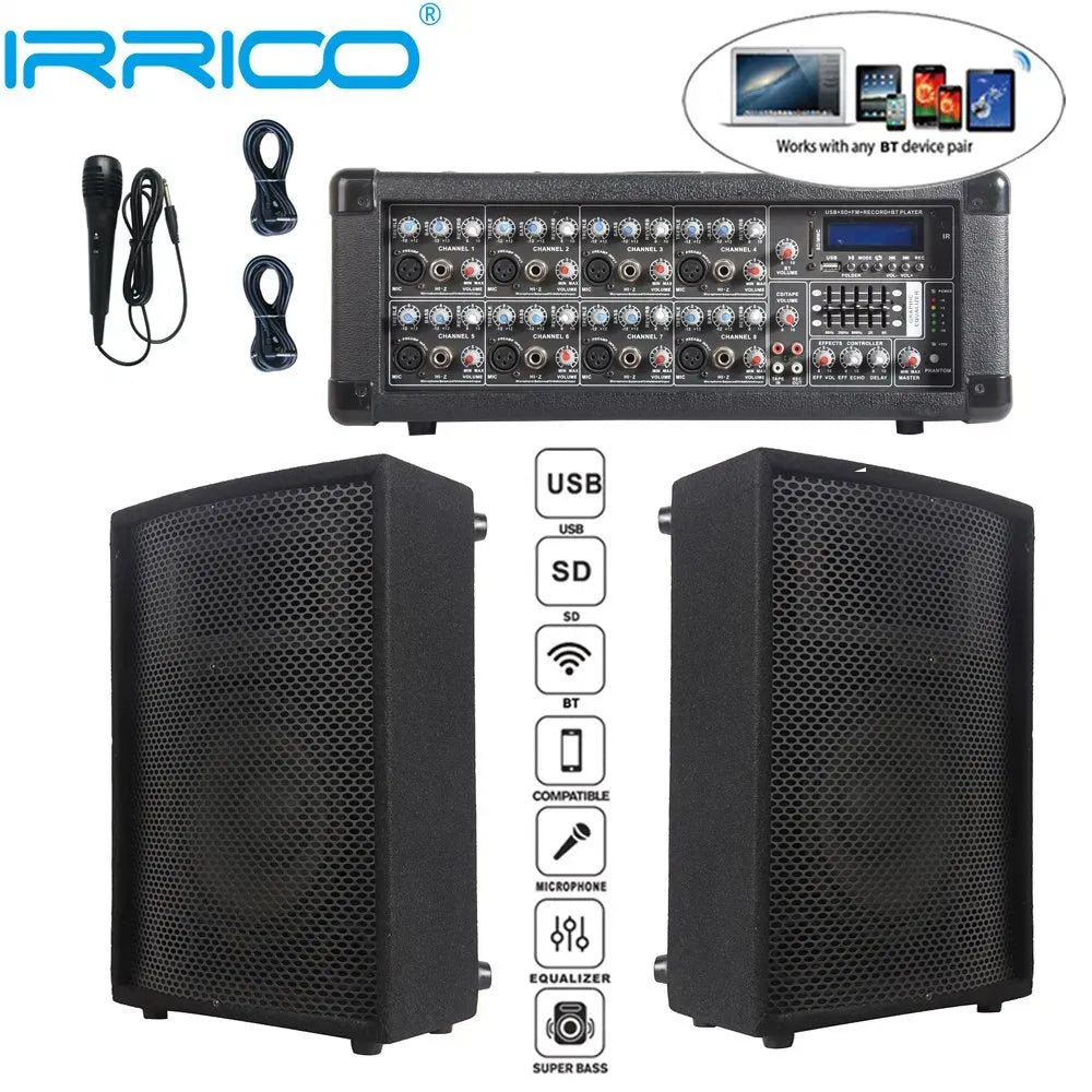 1000W 2×10" Subwoofer PA Speaker System – BT TWS Karaoke Set with 8-Channel Powered Mixer