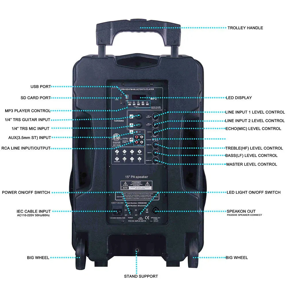 15" 1200W PMPO Powered Karaoke Set, Portable DJ Sound System