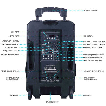 15" 1200W PMPO Powered Karaoke Set, Portable DJ Sound System