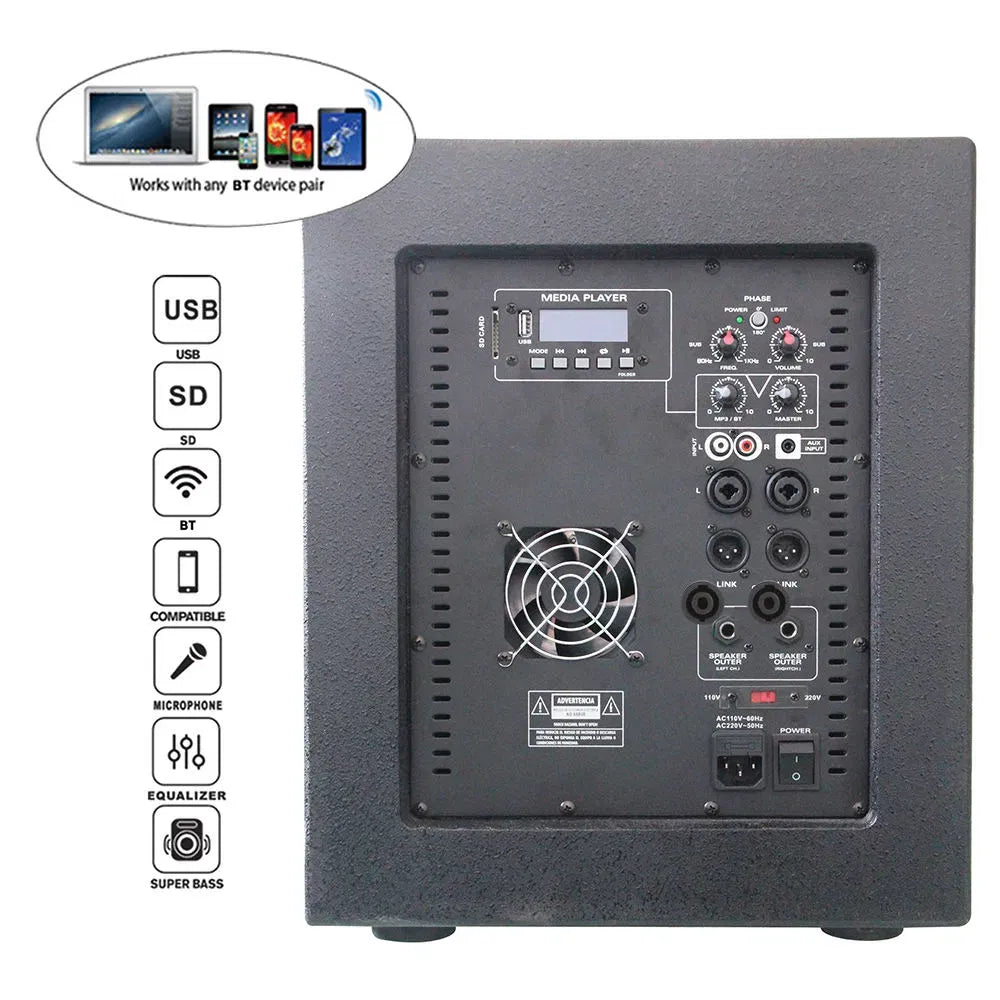 12" 2000W Professional Audio Subwoofer Karaoke PA Bluetooth Speaker System – Active Line Array Sound Box