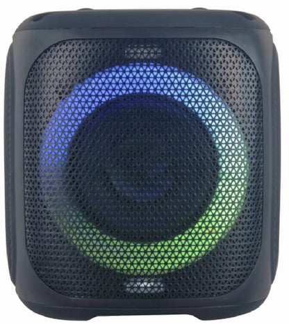 Front view of a compact portable speaker with a black body, featuring a central circular woofer on a honeycomb grille surrounded by a vibrant, swirling blue and green LED light ring.