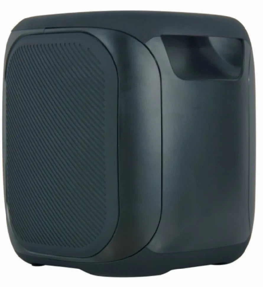 Side view of a compact dark grey portable speaker, featuring a textured speaker grille on one side and a smooth, glossy panel on the other, with rounded edges and small visible feet at the base.