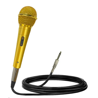 Professional gold handheld vocal microphone featuring a convenient side switch, durable metal construction, and includes a 6.35mm audio cable for stage, KTV, and home entertainment